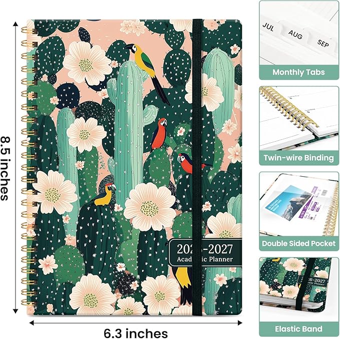 Planner 2026-2027, Academic Monthly and Weekly Calendar Planner for Women, July 2026 - June 2027, Hardcover Pretty Agenda Planner Book with Tabs, Spiral Daily Organizer for School Office Home Supplies, 6.3" x 8.5" - Desert Garden