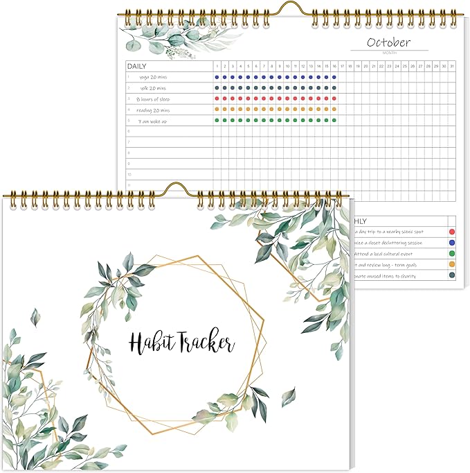 Habit Tracker Calendar，12 Monthly Habit Tracker Journal with Spiral Binding,Undated Weekly Monthly Planner to Boost Productivity&Self Improvement, 8"x10"（Green)