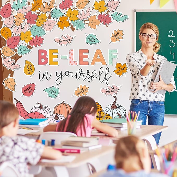 JarThenaAMCS 73Pcs Fall Tree Bulletin Board Decoration Motivational Boho Maple Leaf Pumpkin Cutouts for Autumn Thanksgiving Classroom Wall Chalkboard Decor