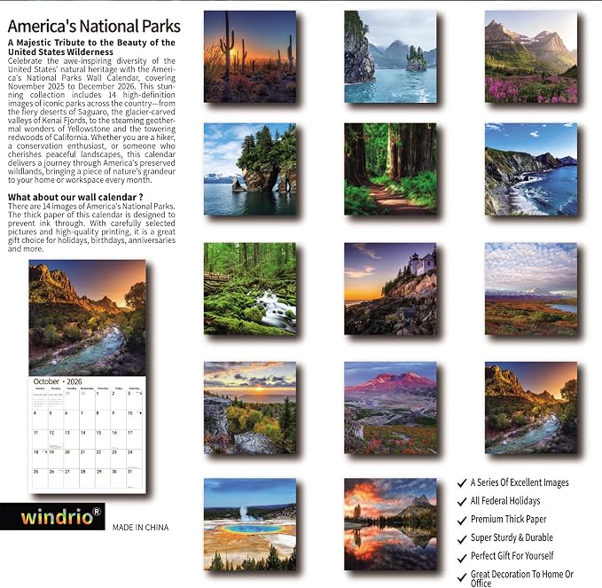2026 Wall Calendar,14 Monthly Wall Calendar America's National Parks Nov. 2025 - Dec. 2026, 12" x 18.2" Opened,Full Page Months Thick & Sturdy Paper for Gift Perfect Calendar Organizing