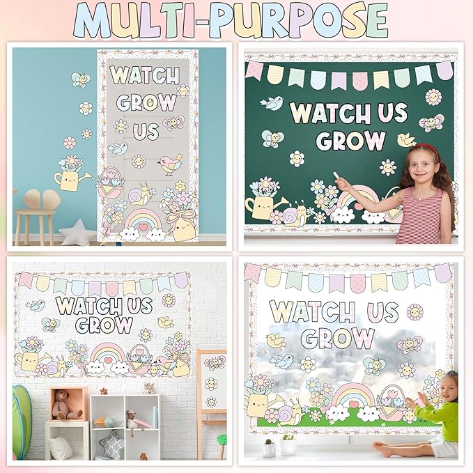 Summer Bulletin Board Decoration Set Pastel Watch Us Grow Classroom Decoration Summer Rainbow Floral Motivational Paper Cutouts for School Classroom Home Chalkboard Wall Door Decor Party Supplies