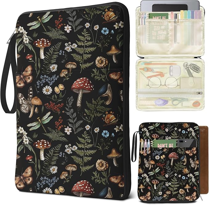 Butterfly Mushroom Book Sleeve Kindle Pouch, Boho Book Protector Case with Zipper, PU Leather Waterproof Book Cover Bag, Portable Book Pouch for Book Lovers Gifts Paperbacks Bibles Hardcover