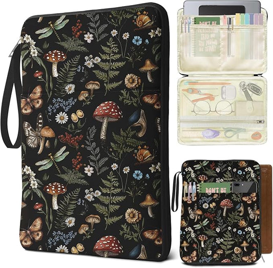 Butterfly Mushroom Book Sleeve Kindle Pouch, Boho Book Protector Case with Zipper, PU Leather Waterproof Book Cover Bag, Portable Book Pouch for Book Lovers Gifts Paperbacks Bibles Hardcover