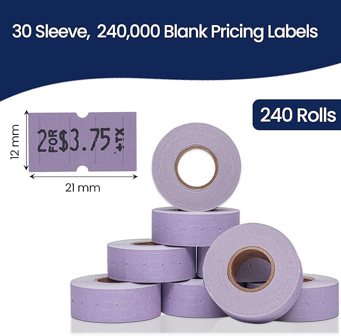 Perco 1 Line Lavender Labels - Case of 30 Sleeves, 240,000 Blank Pricing Labels for Perco Lite, X, Plus and Pro 1 Line Price and Date Guns