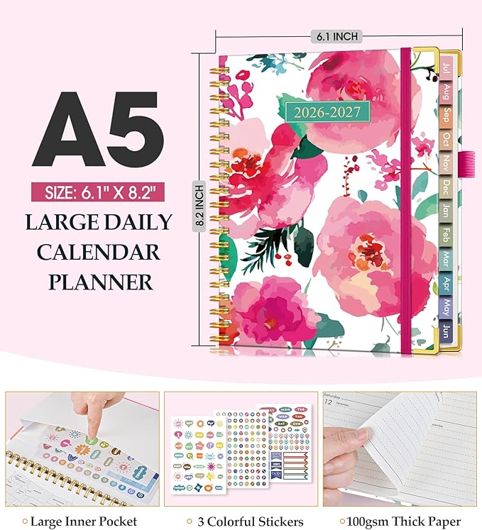 Academic Planner 2026-2027, Hardcover Leather Weekly and Monthly Calendar Planner from July 2026 - June 2027, A5 6.1" x 8.2" Daily Agenda with Tabs, College School Organizer for Student Teacher, Watercolor Blooms