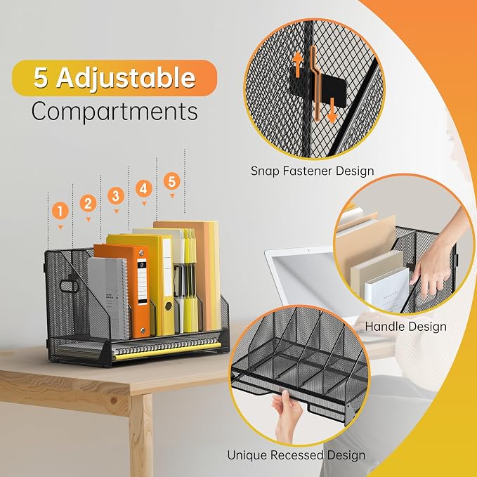 Docnest Desk File Holder Sorter, 5 Vertical Compartments Rack with Letter Tray, Mesh Magazine File Holder with Handle,Workspace Organizers,Desk Organizers for Paper, Mail, Documents-Black