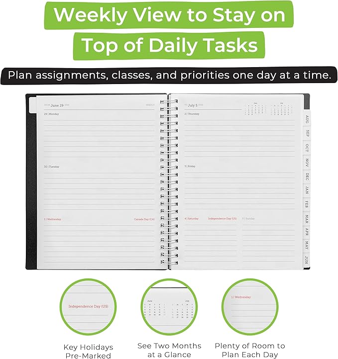 WallDeca Academic Planner 2026-2027, Daily, Weekly & Monthly Planner, July 2026 - June 2027, Student Notes Pages, Twin-Wire Binding Day and Weekly Agenda for School & Work (8 x 6-Inches, Black)