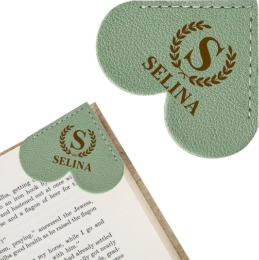 EDSG Personalized Leather Heart Bookmark, Corner Bookmark Book Marks Clip with Birth Flower & Name, Bookmarks for Women Men, Reading, Teachers, Birthday, Graduation Christmas(Green-Heart)