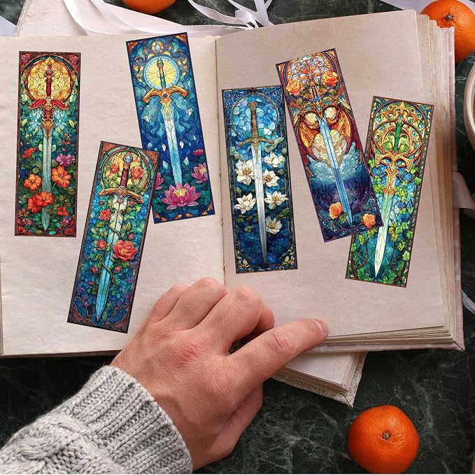 Sword Stained Glass Transparent Bookmark - Wxiben 10 Pcs Cool Sword Transparent PVC Bookmark Fantastic Floral Book Mark Page Clips Gifts for Women Men Book Lovers Teacher Student Bookish Readers