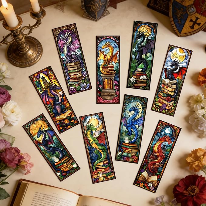 Dragon Stained Glass Transparent Bookmark - Wxiben 10 Pcs Fantastic Transparent PVC Bookmark Cool Dragon Floral Book Mark Page Clips Gifts for Women Men Book Lovers Teacher Student Bookish Readers