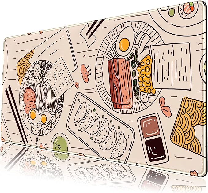 Japanese Ramen Sushi Food Desk Mat Beige XL Mouse Pad Large Full Desk Mousepad Gaming Extended Keyboard Mouse Mat Desk Pad for Computer Laptop 31.5''X15.7'' Non-Slip Rubber Base with Stitched Edges