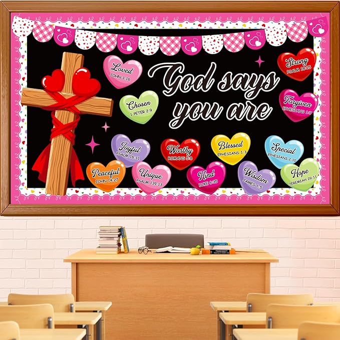 Valentine's Day Religious Bulletin Board Decoration Set, Valentines Day Christian Inspirational Classroom Decorations Love Hearts Cross Cutouts Church Library School Home Wall Door Decor for Teacher