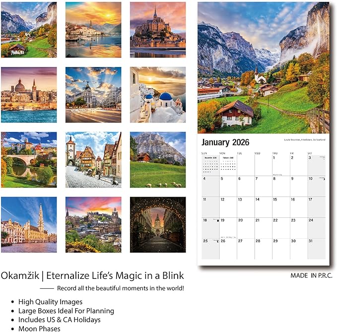 Wall Calendar 2026 Planner Calendar - Europe Destination Hangable Monthly Wall Calendar with Large Blocks for Organizing & Planning, Academic Schedule, Home, Office & family, Thick & Sturdy Paper (12"x24" Open)