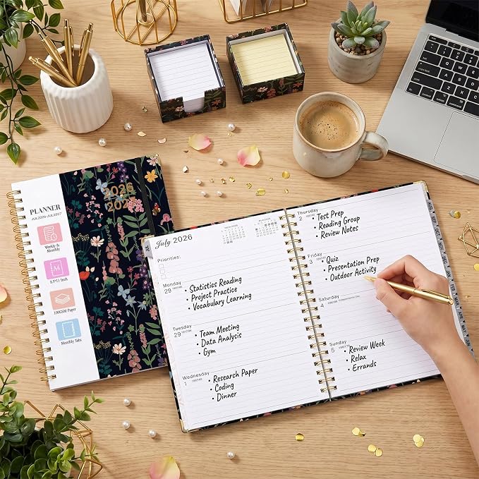 Planner 2026-2027, Weekly and Monthly Academic Planner, Jul 2026 - Jul 2027, 8.5"x11" Large Hardcover Daily Planner Calendar with Tabs for Women, Year Planning Agenda for Teacher and Student (Flowers-2)