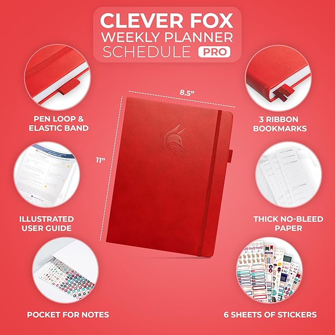 Clever Fox Planner PRO Schedule – Undated Weekly & Monthly Life Planner with Time Slots, Appointment Book & Daily Organizer, A4 (Red)