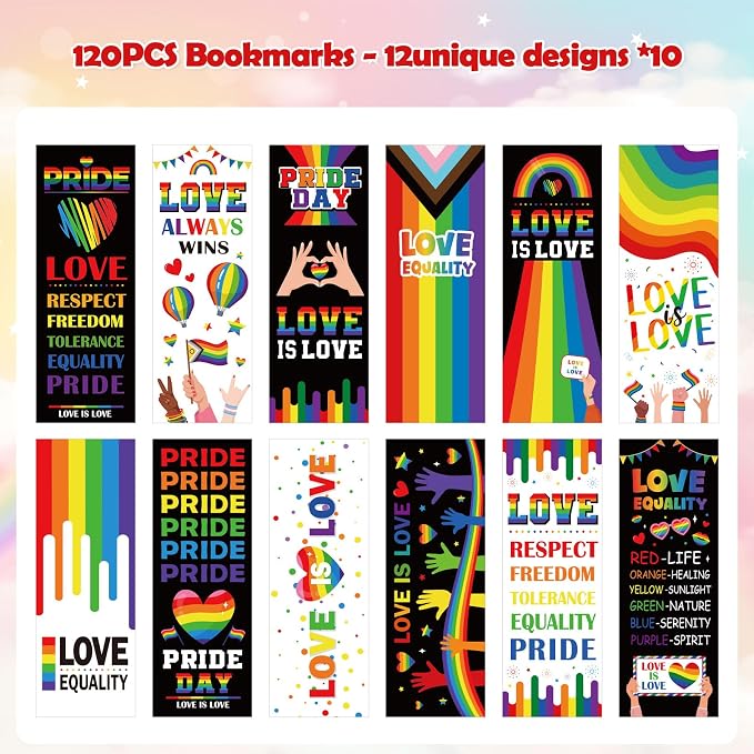 Pride Month Theme Bookmarks - 120PCS Pride Themed Bookmarks Love Equality Rainbow Bookmark Party Favors Supplies for Pride Day Gifts