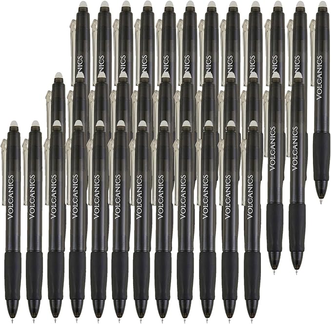 Volcanics Retractable Clicker Erasable Gel Pens - 0.7mm Ball Point, Heat Erase with Built-in Eraser, 36 Pack,Soft Black