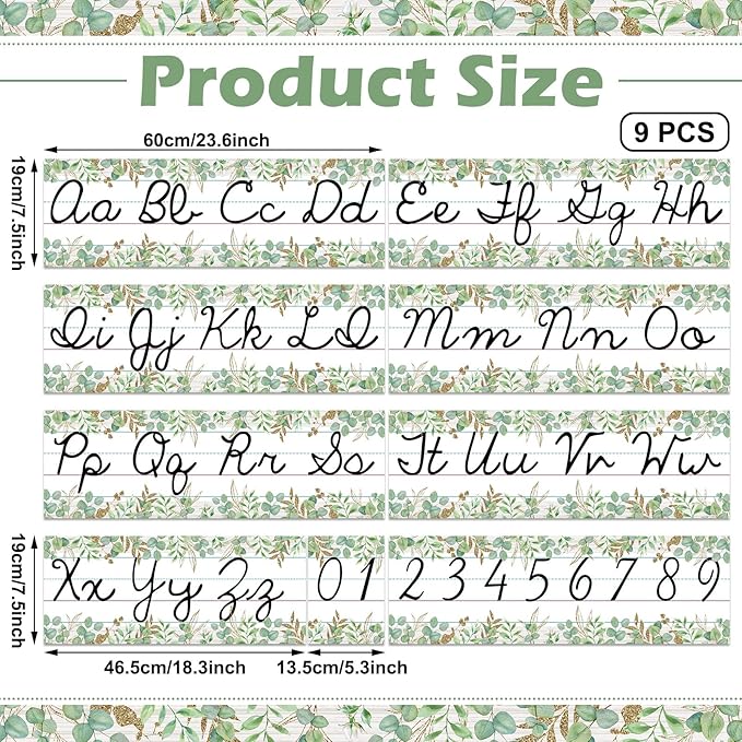 Set of 9 Cursive Writing Bulletin Board Cursive Alphabet Wall Strip for Teacher Supplies, Classroom Teaching Tool, Homeschooling, Kids Education (Eucalyptus)