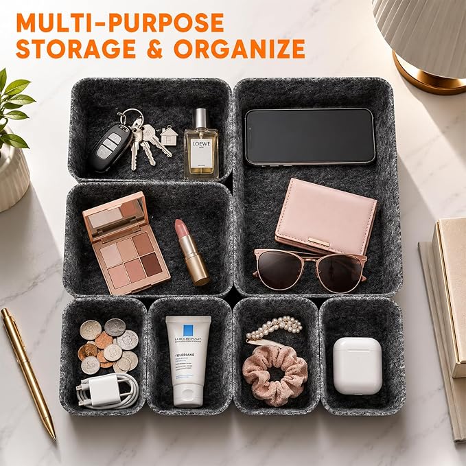 7 Pack Drawer Organizer Compatible with Ikea Alex Drawer Unit, Felt Desk and Makeup Drawer Organizers, Soft Storage Bins for Office, Vanity, Bedroom, and Dresser Shallow Drawers