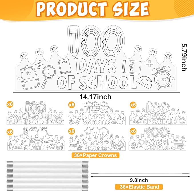 36 Set 100 Days of School Coloring Crowns 100th Day of School Paper Craft Crown Hats 100 Day Party Decorations Color Your Own Crafts for Students Classroom Activities Gift Celebration Supplies DIY Art