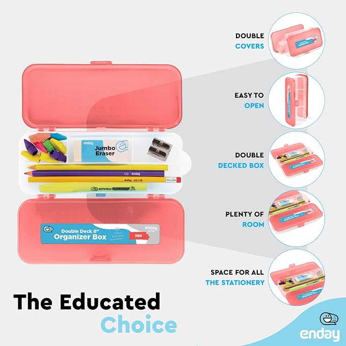 Enday Pencil Box Red, Plastic Double Deck Pencil Case with 7 Compartments, Box Organizer with Snap Closure for Home and Office