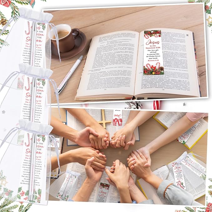 Dispowreath 24 Pcs/12 Sets Jesus is The Reason for The Season Gift, Include 12 Xmas Candy Cane Bookmark 12 Bible Verse Ballpoint Pen for Christmas Church Prizes Party Favors