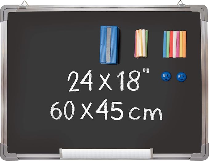 Chalkboard Set - Framed Black Board 24 x 18 inch with 1 Magnetic Eraser, 14 Chalk Sticks (7 Colors) and 2 Magnets - Wall Hanging Blackboard with Frame for Home, Kitchen and Office (24x18)