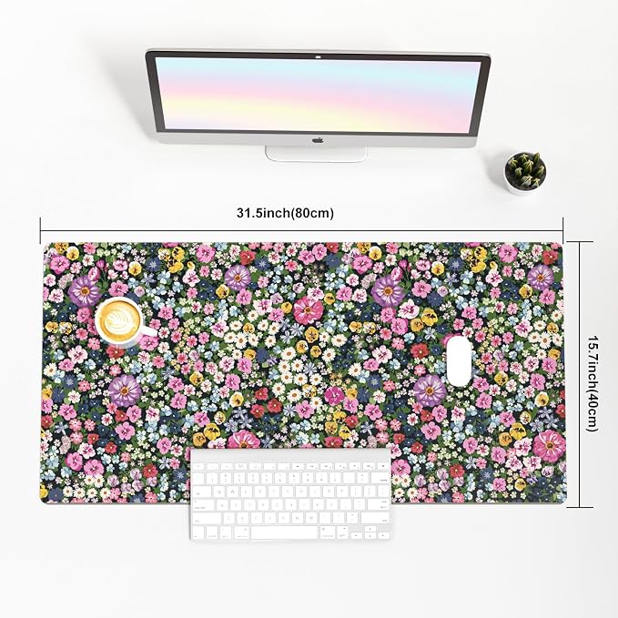 Colorful Star Large Mouse Pad, Floral Desk Mat Office Supplies, Waterproof Faux Leather Big Gaming Mousepad for Women Girls, Blooming Flowers Desk Pad Home Office Décor Accessories 31.5" x 15.7"