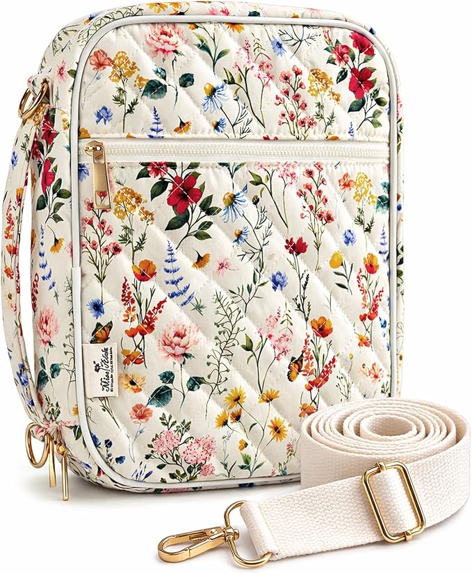 Miss Adola Bible Cover Case for Women - Quilted Bible Carrying Case Organizer Study Bag with Zipper Handle and Shoulder Strap Vintage Floral Book Cover for Teen Girls