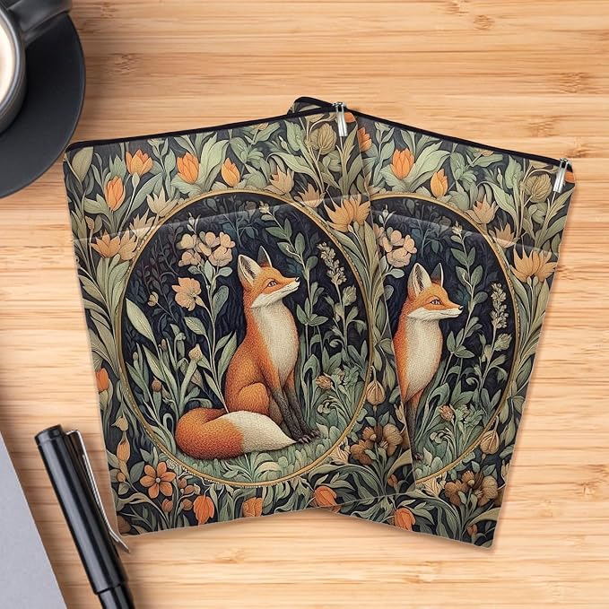 Vintage Flower Fox William Morris Book Sleeve for Book Lovers, Bookish Book Protector with Zipper, Washable Fabric Book Cover for Paperbacks & Hardcovers,11.4 x 9.1Inches (Orange Flower-Fox, Medium)