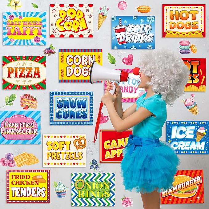 Yeaqee 16 Pieces Carnival Food Signs Cutouts for Classroom Carnival Party Bulletin Board Decor Food Truck Signs Corn Dogs Snow Cones Cotton Candy