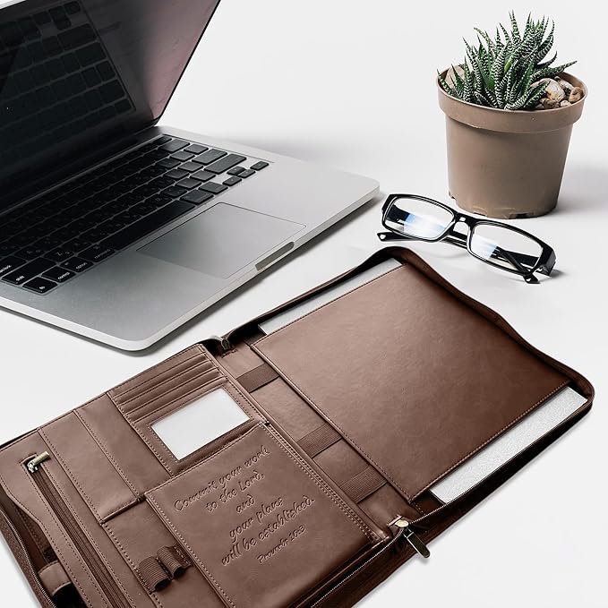 DEHITE Leather Portfolio for Men – Padfolio Case for Men and Women – Brown Bible Notebook Organizer – Pen Slots – Zipper Binder – Premium PU Leather – Feels Like Full-Grain – Office Gift Accessories