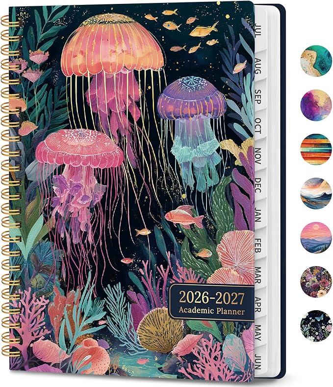 Academic Planner 2026-2027, Weekly and Monthly Calendar Book, July 2026 – June 2027, Hardcover Planner with Tabs, Perfect for Teachers, Students, Women & Men, A4 (8.5" x 11") - Jellyfish