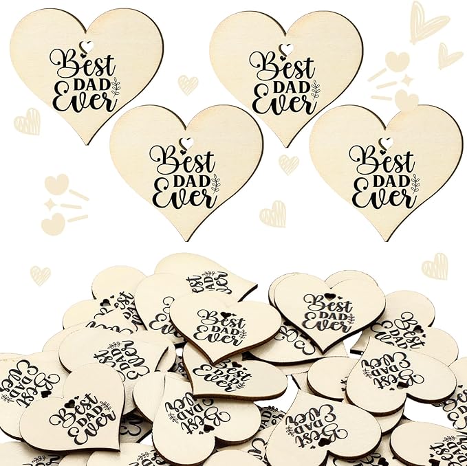 Weysat 48 Pcs Father's Day Crafts Decorations Wooden Heart Shaped Cutouts Best Dad Ever Wooden Ornaments Blank Wood Father's Day Gifts Bulk Tag Keepsake for DIY Dad Birthday Party Hanging Decor