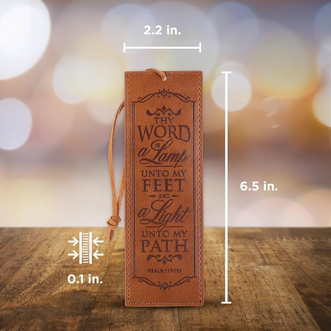 Christian Art Gifts Vegan Faux Leather Scripture Bookmark for Men & Women: Thy Word is A Lamp - Psalm 119:105 Inspirational Bible Verse, Heat-Debossed, Faith-Based Reading Accessory with Cord, Brown