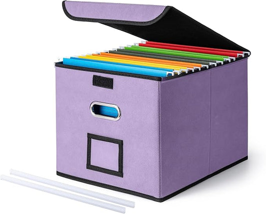 CADONO File Organizer Box with Lid, Large Hanging File Folder Organizer with Plastic Slide, Collapsible Portable Filing Storage Boxes for Office/Decor/Home (Light Purple, 14.9 x 12.59 x 10.8 inch)