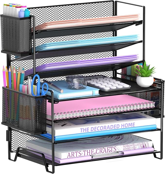 SUPEASY 7 Tier Desk Organizer with 3 Pen Holders, Heavy Duty Metal Letter Tray Paper File Organizer for Home Office School Classroom, Black