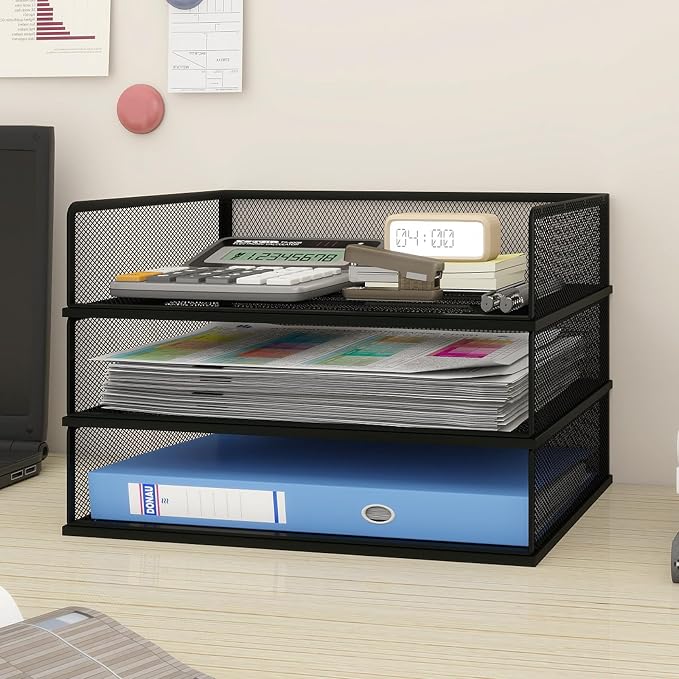 Natwind 3 Tier Letter Trays, File Trays for Desk Stackable,Desktop Paper Organizers for Office Supplies, Metal Mesh File Organizer，Office Organizer，Letter Trays for Home, Office, School，Black