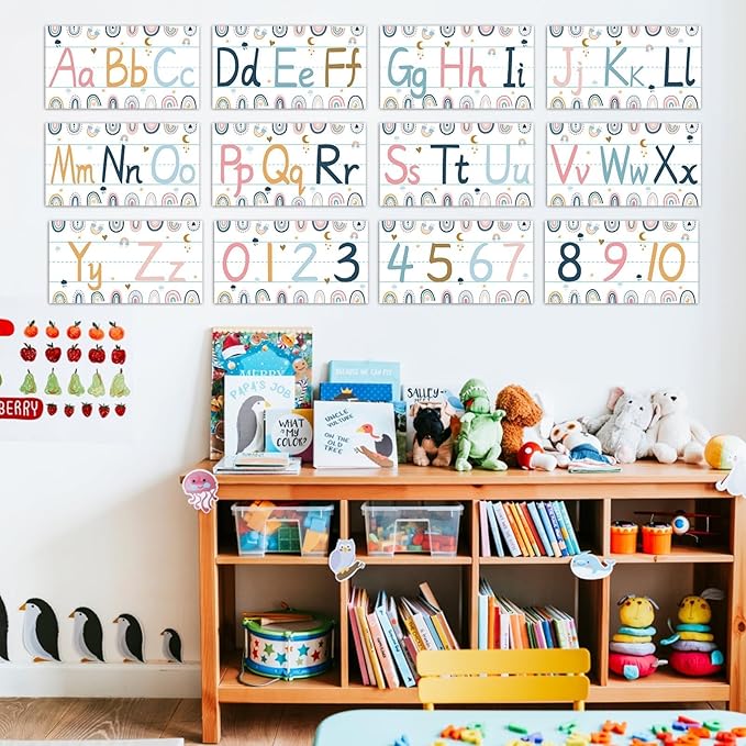 gisgfim 12 Pieces Alphabet Bulletin Board Strips Set Boho Rainbow Alphabet Line ABC Alphabet Banner & Number Border Posters for Classroom Bedroom Playroom (Boho Rainbow)