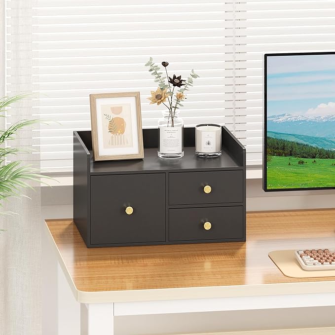 Bamboo Desk Organizer with Drawers Wooden Desktop Storage Organization Box for Bills Office Supplies Kitchen Utensils Organizing Tool for Home Classroom Vanity, No Assembly Required (Black, 3 Drawers)