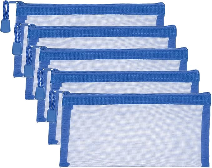 PATIKIL A6 Mesh Zipper Pouch Bags, 5 PCS Mesh Bags with Zipper Plastic Storage Pocket for Organizing File Beads Office Home Supplies, 10x20cm, Blue