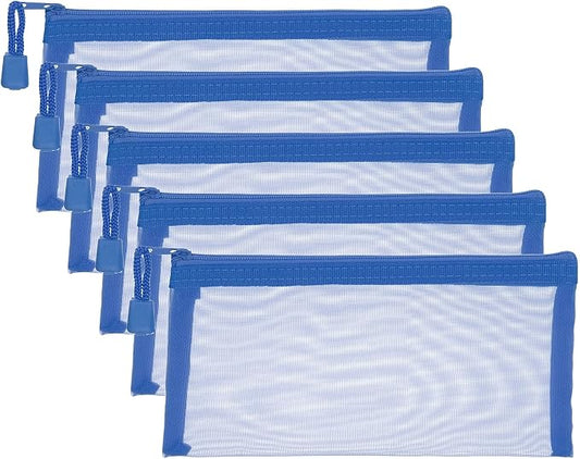 PATIKIL A6 Mesh Zipper Pouch Bags, 5 PCS Mesh Bags with Zipper Plastic Storage Pocket for Organizing File Beads Office Home Supplies, 10x20cm, Blue