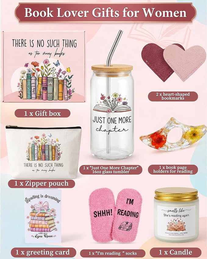 JORA Bookish Gifts for Readers: 9PCS Book Lover Gifts for Women Book Club Themed Gift Ideas Bookish Merch Reading Accessories for Reading Lover Bookworm Librarian Reader Pink