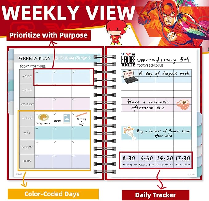 Superhero Large Planner - Undated Daily, Weekly & Monthly Life Planner, 2025 2026 2027 Calendar & Holiday Habit Tracker, Monthly Tabs, 12 Months Spiral Notebook for Office School Gift Supplies(Red)