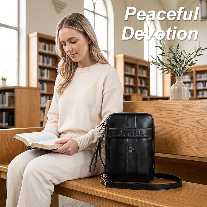 Bible Cover Case for Women, Vegan Leather Bible Carrying Case with Strap and Zipper, Bible Study Kit with Journal, Pens, Tabs and Sticky Notes, Large Bible Bag for Church, Ideal Gift (Black)