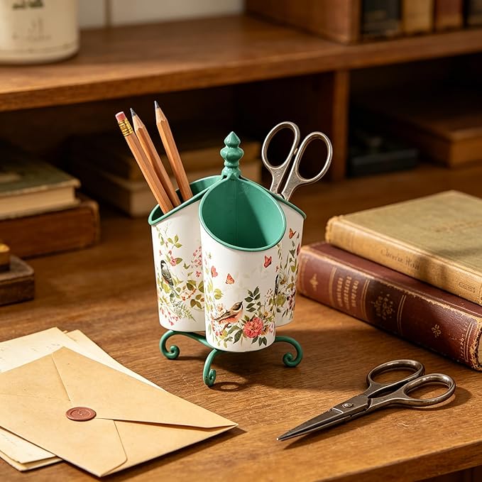 360° Rotating Metal Pen Holder for Desk, Cute Floral Bird Desktop Organizer with Dome Roof, Pencil Cup & Remote Control Holder for Home Office (Green)