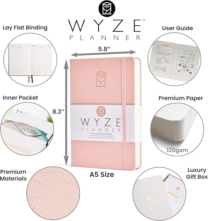 Wyze Planner Undated Daily Planner – 6-Month A5 Productivity Organizer with Full Page Per Day, Hourly Schedule, Goal Setting, Habit Tracker, Weekly & Monthly Pages – Hardcover Time Management Notebook (Pink)