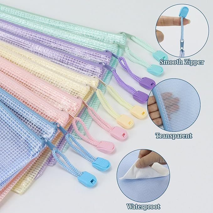 10 Pcs A5 Clear Zipper Pouch Bags - 5 Colors Plastic Mesh Storage Organizers for School Supplies, Office Travel Accessories & Classroom Organization