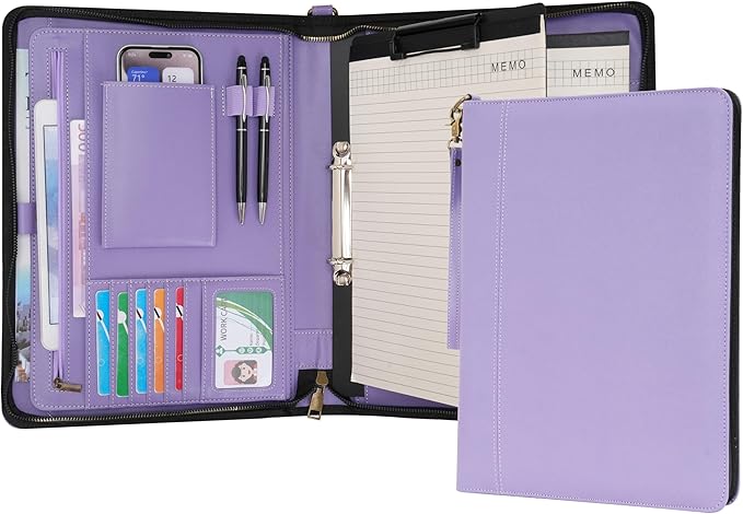 Wason A4 Portfolio with Zipper - Leather PU Padfolio with Detachable Ring Binder and Writing Notepad Holder, Conference File Multi-Pockets Organizer for Office Travel School (Purple)