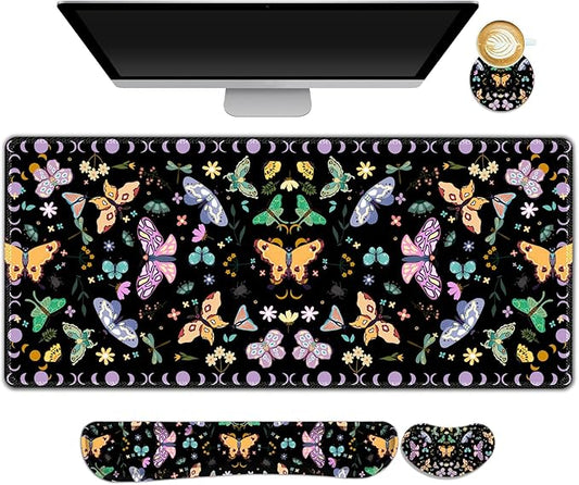 ARTSO Desk Mat Set, Black Butterfly Extended Gaming Mouse Pad with Wrist Rest Support +Keyboard Wrist Rest +Coaster, Large Cute Mousepad, Easy Typing and Pain Relief